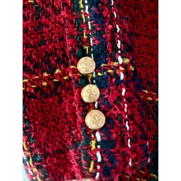 Red Tweed Style Open Front Jacket-Gold Button Detail Bouclé Knit Blazer |Medium - Picture 11 of 12